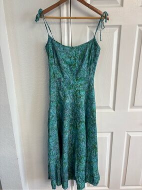 Romualda Blue Floral Linen Blend Toe Strap Midi Dress Size XS